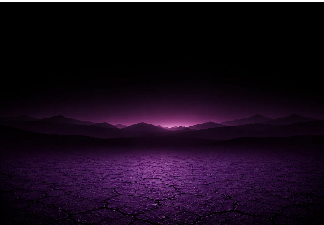Dry lake bed beneath a purple mountain horizon