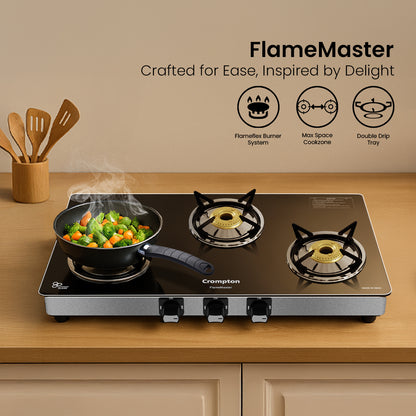 Crompton Cooktop FlameMaster 3 Burner 77 cm Glass SS Body