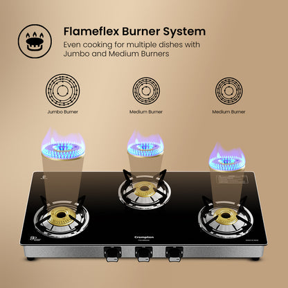Crompton Cooktop FlameMaster 3 Burner 77 cm Glass SS Body
