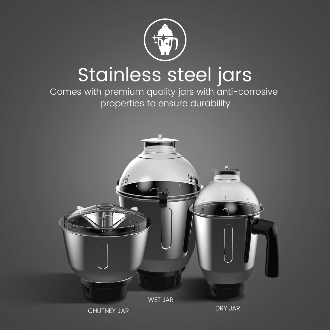 Crompton Ameo 750-Watt, Mixer Grinder, 3 Stainless Steel Jars
