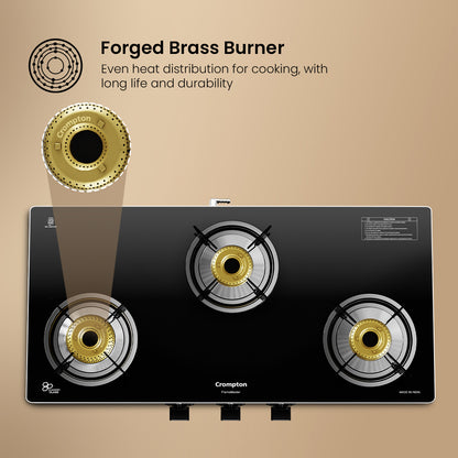 Crompton Cooktop FlameMaster 3 Burner 77 cm Glass SS Body