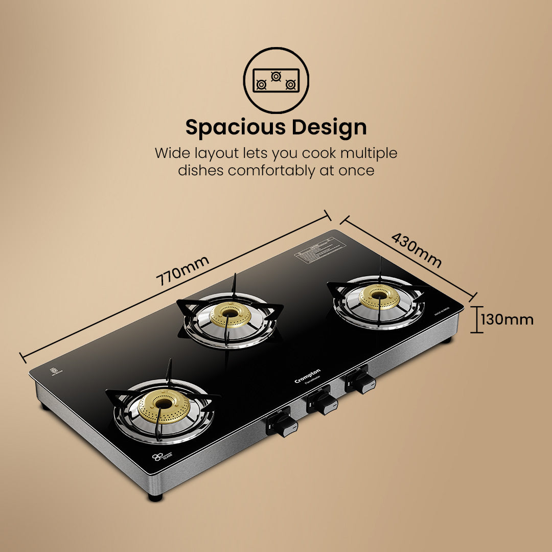 Crompton Cooktop FlameMaster 3 Burner 77 cm Glass SS Body