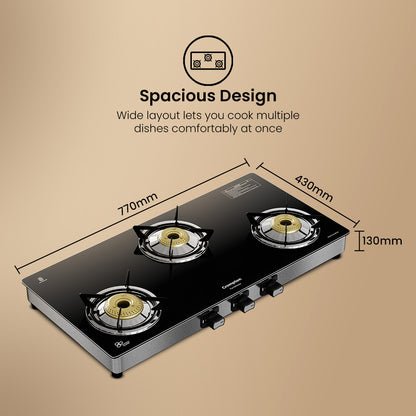Crompton Cooktop FlameMaster 3 Burner 77 cm Glass SS Body
