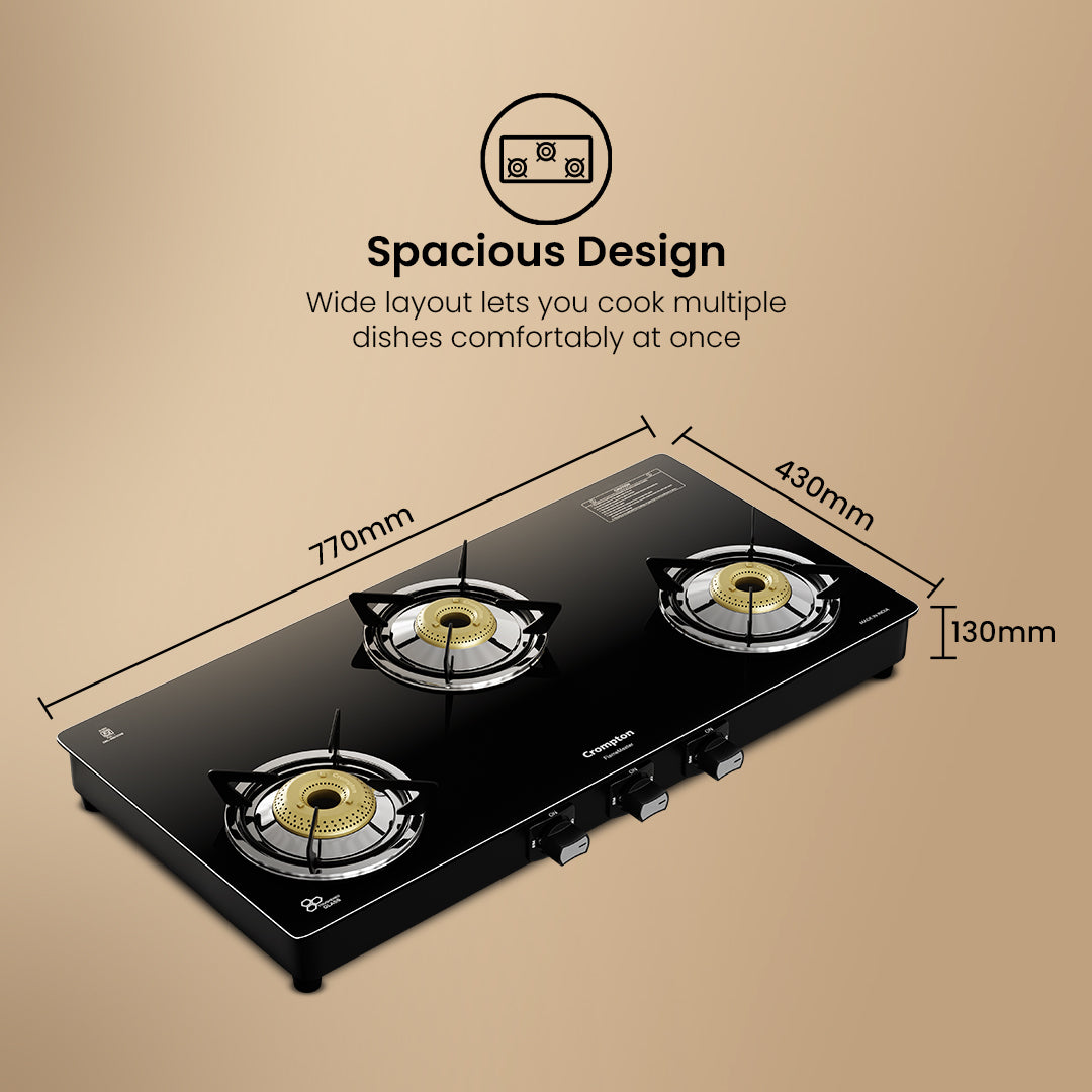 Crompton Cooktop FlameMaster 3 Burner 77 cm Glass MS Body
