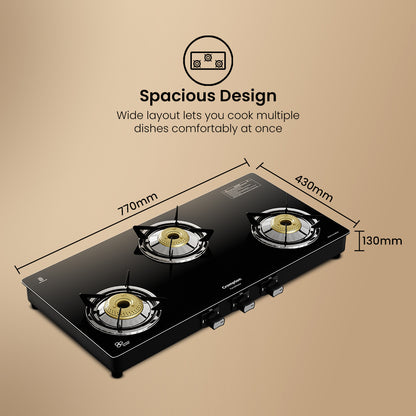 Crompton Cooktop FlameMaster 3 Burner 77 cm Glass MS Body