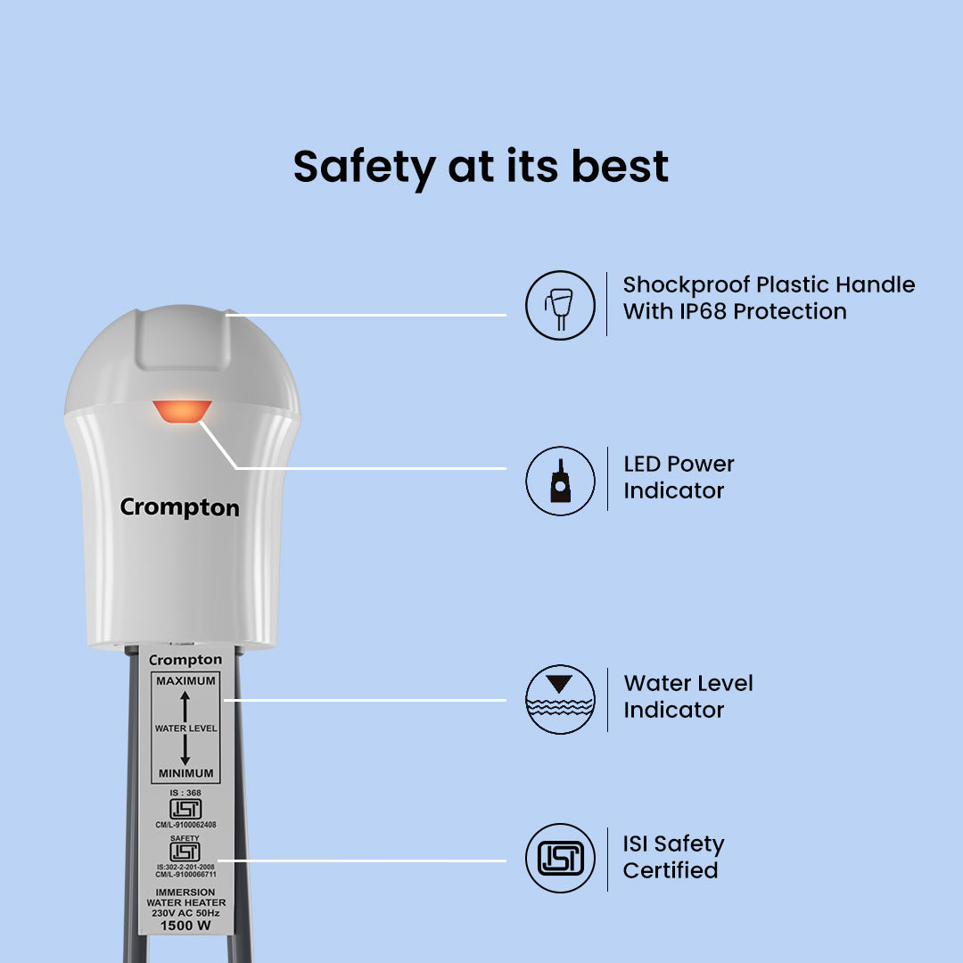 Crompton AIMR SPAS15A 1500 Watts Immersion Water Heater with Shock Proof Plastic Handle & Anti Scale Coating