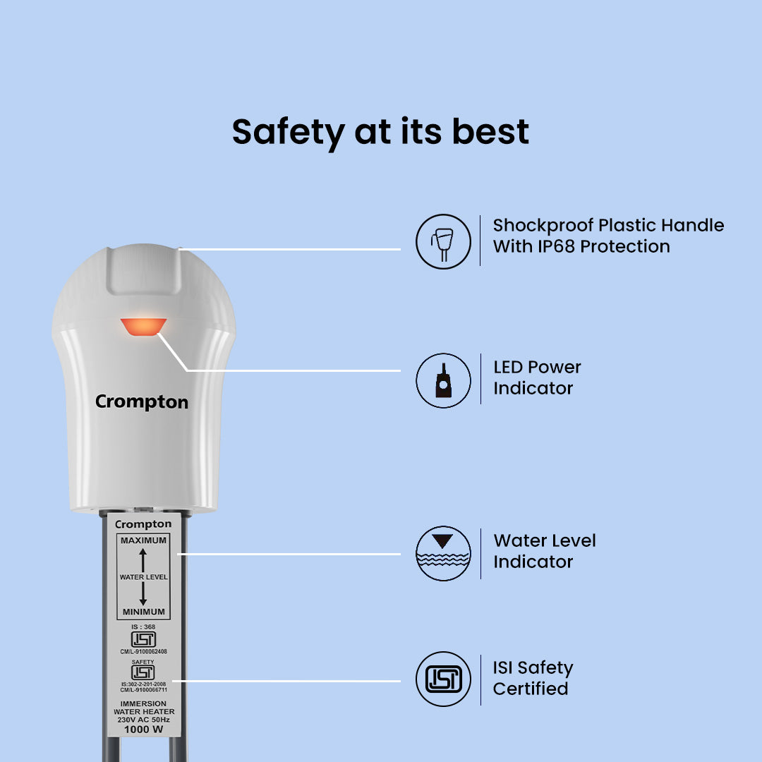 Crompton AIMR SPAS1A 1000 Watts Immersion Water Heater with Shock Proof Plastic Handle & Anti Scale Coating