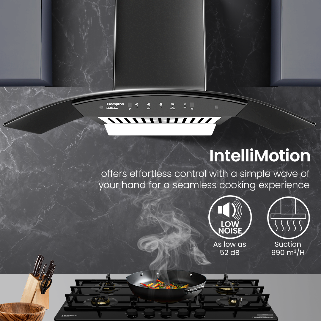IntelliMotion Curved 90 cm Baffle Filter Chimney IntelliMotion Curved 90 cm Baffle Filter Chimney