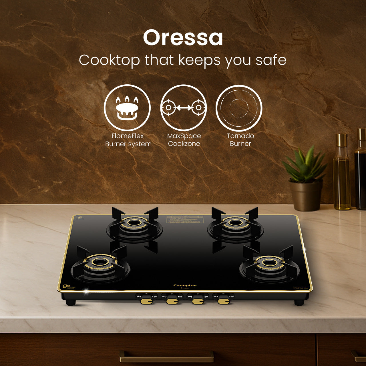 Crompton Oressa 4 Burner 70 cm Slim Glass Cooktop