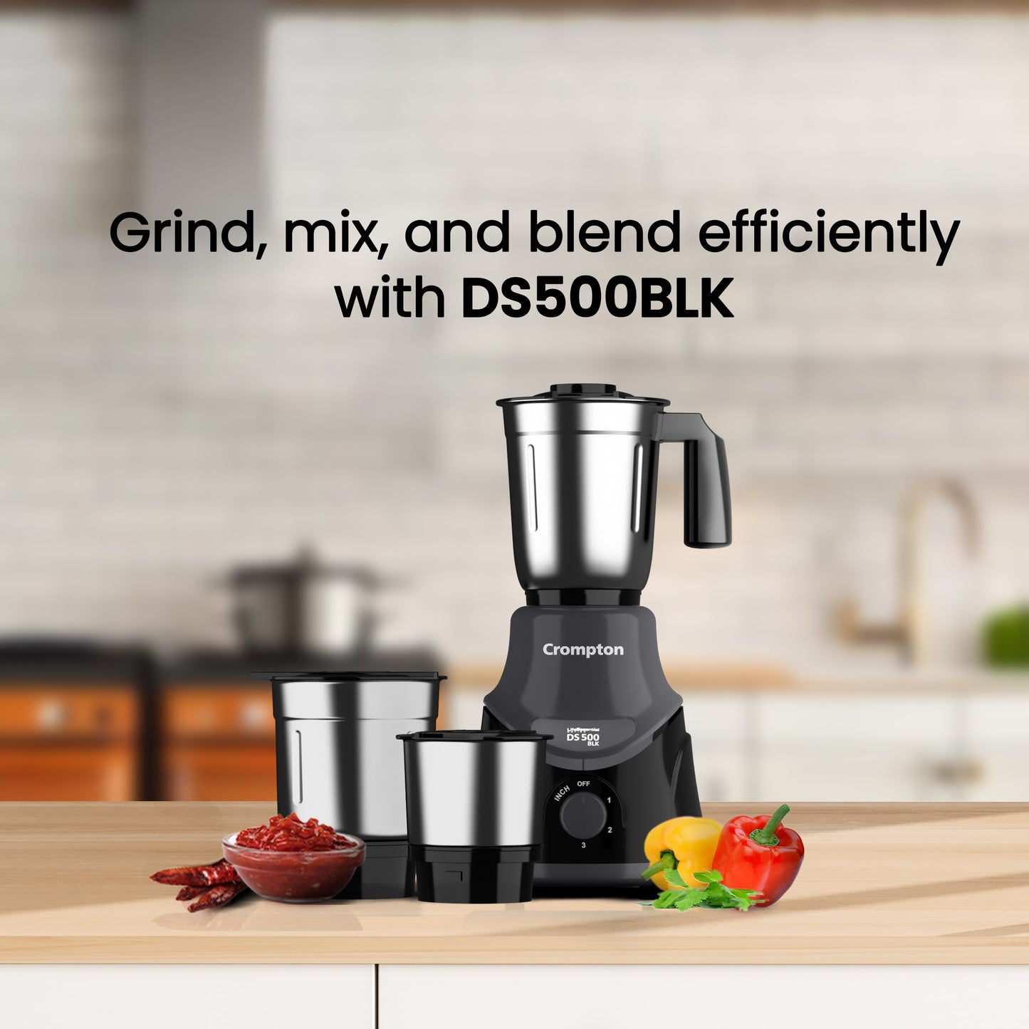 Crompton DS 500, 500 Watt Mixer Grinder with 3 Stainless Steel Jars