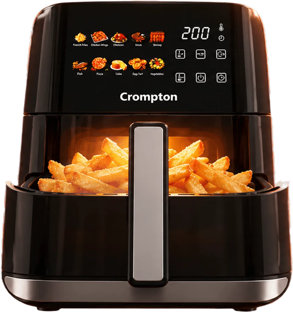 Crompton air fryer with a basket of golden fries