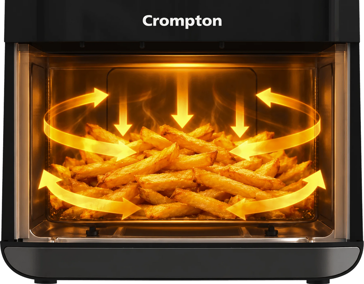 Inside the air fryer: hot air circulating evenly around fries