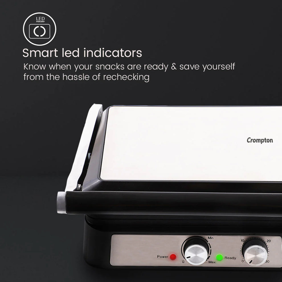 Crompton MaxCrisp 4 Slice Sandwich Maker with 180 Degrees Barbecue Grill | 2000W Food-Grade Non-Stick Coating & Cool-Touch Handles - product feature