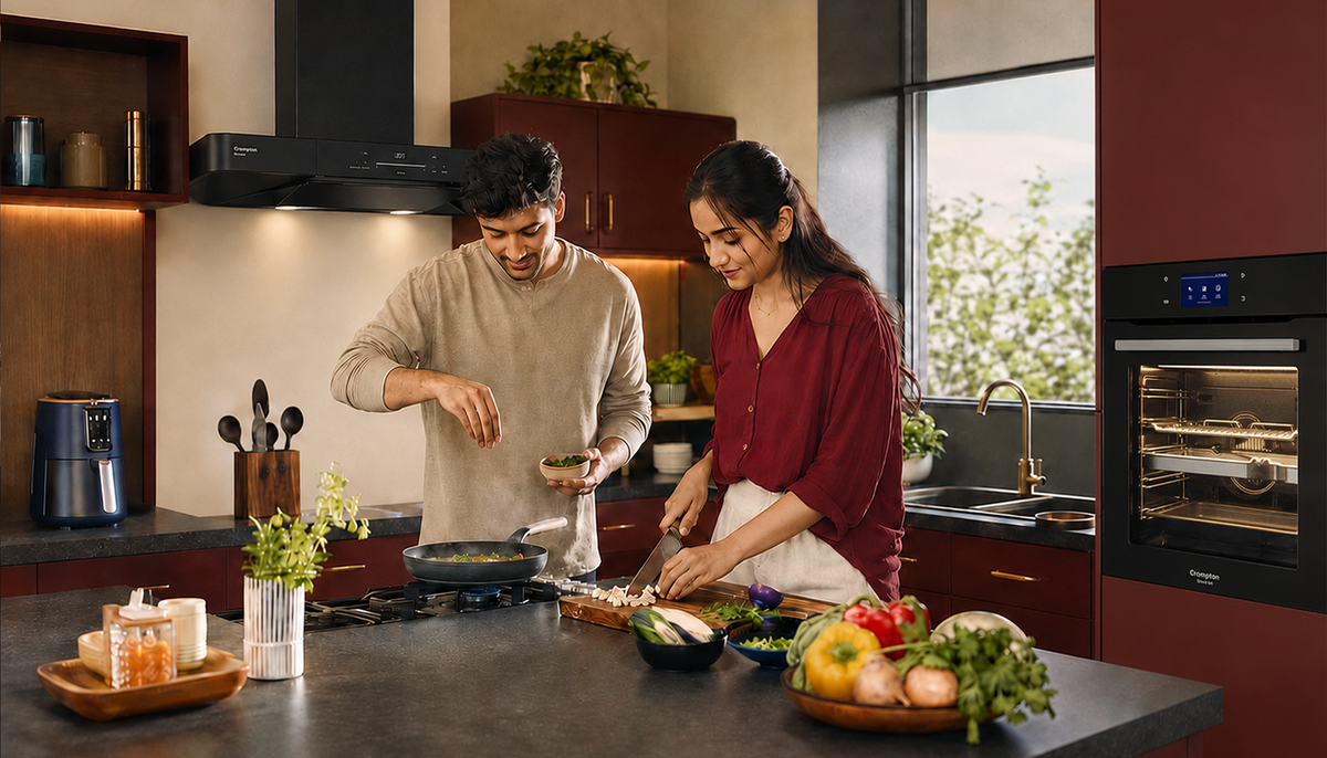 Couple cooking together in a modern kitchen